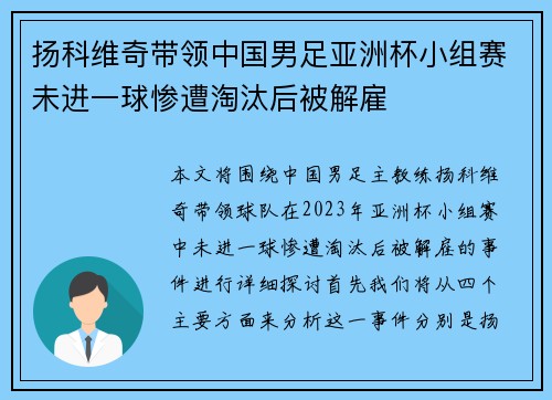 扬科维奇带领中国男足亚洲杯小组赛未进一球惨遭淘汰后被解雇